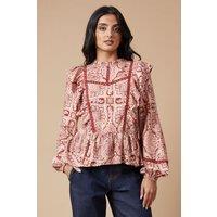 Oasis Women's Paisley Printed Ruffle Lace Trim Top in Rust | Size: 12