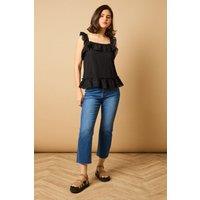 Oasis Women's Broderie Frill Detail Top in Black | Size: 10