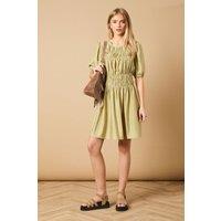 Oasis Women's Shirred Bodice Puff Sleeve Mini Dress in Khaki | Size: 10