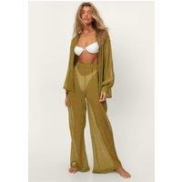 NastyGal Women's Plisse Wide Leg Beach Pants in Khaki | Size: 4