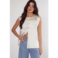 NastyGal Women's Textured Satin Button Through Collarless Vest in Champagne | Size: 6