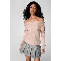 NastyGal Women's Knitted Off-The Shoulder Long Sleeve Top in Stone