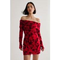 NastyGal Women's Floral Devore Ruched Mini Dress in Red | Size: XS