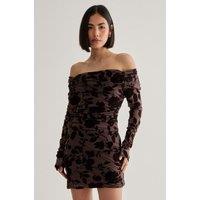 NastyGal Women's Floral Devore Ruched Mini Dress in Chocolate | Size: Large