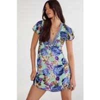 NastyGal Women's Floral Devore Lace Trim Cut Out Back Mini Dress in Mint | Size: 8