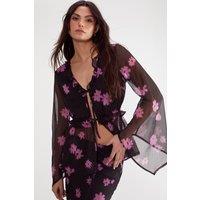 NastyGal Women's Ditsy Chiffon Ruffle Tie Front Fluted Sleeve Top Co-Ord in Black | Size: 8