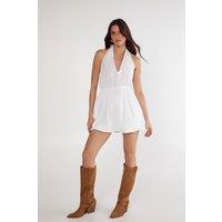 NastyGal Women's Cotton Poplin Halter Neck Puffball Mini Dress in White | Size: 14