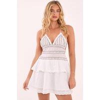 NastyGal Women's Cotton Voile Studded Lace Trim Tiered Mini Dress in White | Size: 14