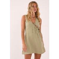 NastyGal Women's Textured Stripe Asymmetric Tie Mini Dress in Sage | Size: 4