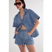 NastyGal Women's Denim Patchwork Contrast Stitch Tie Waist Shorts in Mid Blue | Size: 6