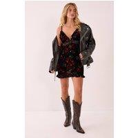 NastyGal Women's Floral Velvet Ruffle Lace Insert Button Through Mini Dress in Black | Size: 6