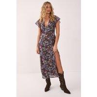 NastyGal Women's Dobby Floral Ruffle Lace Up Back Midi Dress in Chocolate | Size: 8