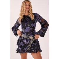 NastyGal Women's Floral Devore Ruffle Wrap Mini Dress in Black | Size: 8