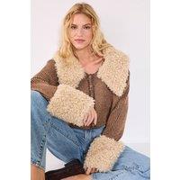 NastyGal Women's Teddy Fur Collared Knitted Cardigan in Brown | Size: Large
