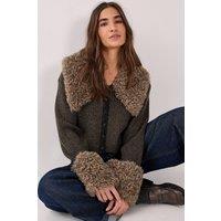 NastyGal Women's Teddy Fur Collared Knitted Cardigan in Olive | Size: Large