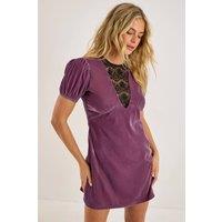 NastyGal Women's Velvet Lace Insert Puff Sleeve Mini Dress in Mauve | Size: 8