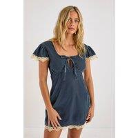 NastyGal Women's Velvet Lace Trim Tie Front Mini Dress in Steel | Size: 8