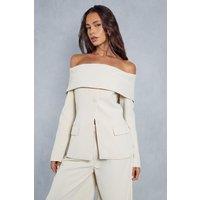 MissPap Women's Tailored Bardot Fitted Blazer Top in Stone | Size: 8
