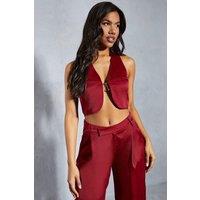 MissPap Women's Textured Satin Halter Neck Top in Berry | Size: 12