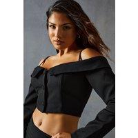 MissPap Women's Tailored Bardot Button Down Top in Black | Size: 8