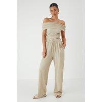 MissPap Women's Crinkle Textured Wide Leg Trousers in Stone | Size: 8