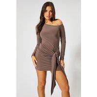 MissPap Women's Drop Shoulder Tie Drape Mini Dress in Mocha | Size: 10