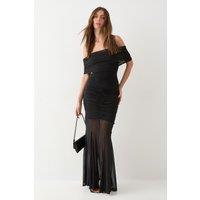 MissPap Women's Off Shoulder Mesh Overlay Maxi Dress in Black | Size: 6