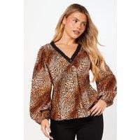 Dorothy Perkins Women's Animal Sleeve Lace Trim Button Front Tea Blouse | Size: 8