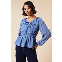 Dorothy Perkins Women's Ruffle Front Long Sleeve Blouse in Blue | Size: 16