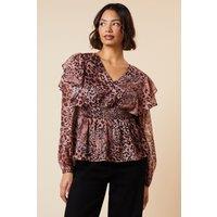 Dorothy Perkins Women's Animal Shirred Waist Button Front Chiffon Long Sleeve Blouse | Size: 14