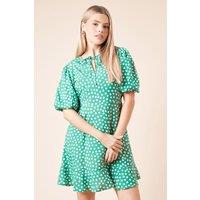 Dorothy Perkins Women's Green Spot Tie Front Puff Sleeve Mini Dress | Size: 12