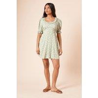 Dorothy Perkins Women's Petite Green Spot Frill Neckline Tie Back Mini Dress | Size: 12