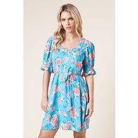 Dorothy Perkins Women's Petite Floral Frill Neckline Tie Back Mini Dress in Blue | Size: 6