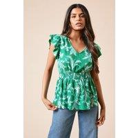 Dorothy Perkins Women's Petite Palm Printed Flutter Sleeve Peplum Jersey Top in Green | Size: 6
