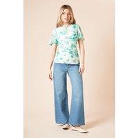 Dorothy Perkins Women's Green Floral Keyhole Ruched Front Angel Sleeve Mesh Jersey Top | Size: 16