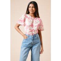 Dorothy Perkins Women's Petite Pink Floral Keyhole Ruched Front Angel Sleeve Jersey Mesh Top | Size: 12