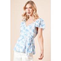 Dorothy Perkins Women's Palm Wrap Front Frill Sleeve blouse in Blue | Size: 12
