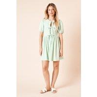 Dorothy Perkins Women's Pin Spot Bow Tie Front Puff Sleeve Jersey Mini Dress in Green | Size: 14