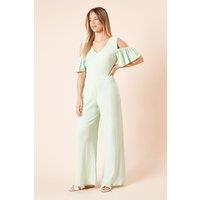 Dorothy Perkins Women's Pin Spot Cold Shoulder Flutter Sleeve Jersey Jumpsuit in Green | Size: 14