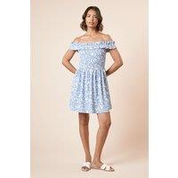 Dorothy Perkins Women's Blue Floral Shirred Bodice Bardot Jersey Mini Dress | Size: 16