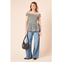 Dorothy Perkins Women's Gingham Shirred Bodice Bardot Peplum Top | Size: 12