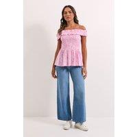 Dorothy Perkins Women's Pink Floral Shirred Bodice Bardot Peplum Top | Size: 12