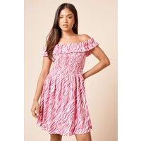 Dorothy Perkins Women's Petite Pink Zebra Shirred Bodice Bardot Jersey Mini Dress | Size: 12