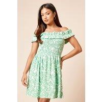 Dorothy Perkins Women's Petite Green Floral Shirred Bodice Bardot Jersey Mini Dress | Size: 10