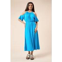 Dorothy Perkins Women's Petite Cold Shoulder Halterneck Midi Dress in Teal | Size: 10