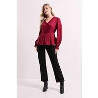 Dorothy Perkins Women's Lace Trim Blouson Sleeve Peplum Top in Burgundy | Size: 16