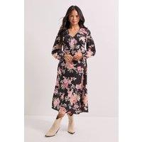 Dorothy Perkins Women's Printed Tie Neck Blouson Sleeve Midi Dress in Black | Size: 12