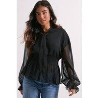 Dorothy Perkins Women's Petite Tie Neck Shirred Waist Boho Blouse in Black | Size: 8