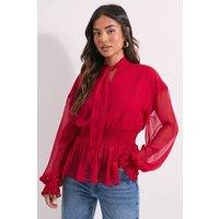Dorothy Perkins Women's Petite Tie Neck Shirred Waist Boho Blouse in Red | Size: 6
