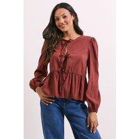 Dorothy Perkins Women's Tie Front Long Sleeve Blouse in Burgundy | Size: 12